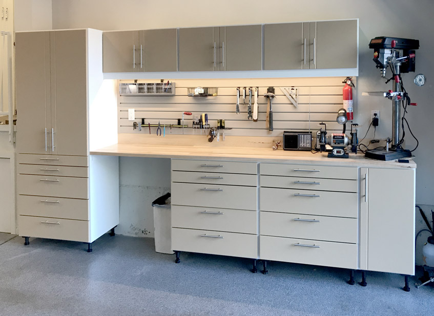 Organized garage with slatwall